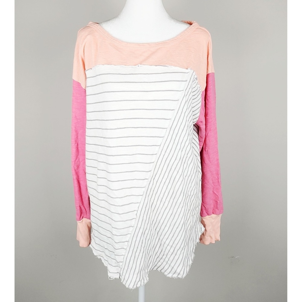 Daily‎ Practice Tunic Top Womens L Pink Colorblock Striped Asymmetrical Hem
